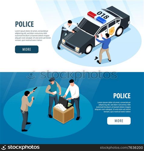 Isometric police horizontal banners set with custody scene images human characters and text with more button vector illustration