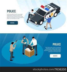Isometric police horizontal banners set with custody scene images human characters and text with more button vector illustration
