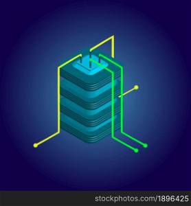 Isometric power distribution device concept. Electric transformer with wires. Energy distribution. EPS 10 vector.