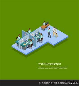 Isometric Presentation Room Concept. Isometric presentation room concept with men at their workplaces on green background vector illustration