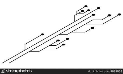 Isometric printed circuit board PCB tracks isolated on white background. Technical clipart with lines and dots at the ends. Vector design element.. Isometric printed circuit board PCB tracks isolated on white background. Technical clipart with lines and dots at the ends. Design element.