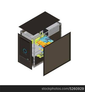 Isometric Processor Scheme . Isometric realistic processor scheme with walls removed to show that the inside vector illustration