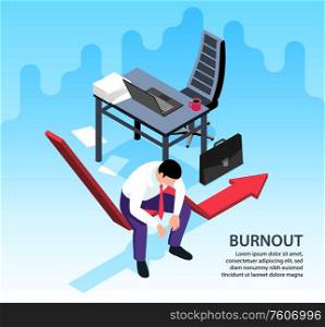Isometric professional burnout background with exhausted man at his work place in office 3d vector illustration