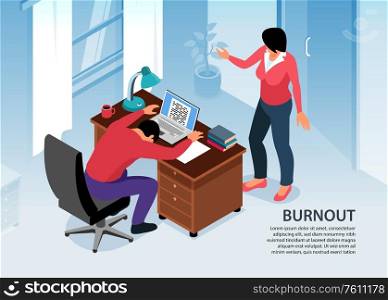 Isometric professional burnout horizontal background with text and indoor view of tired man at working table vector illustration