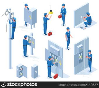 Isometric professional electricians, workers repair power line. Electrician occupation, characters with electrical equipment vector illustration. Electrician profession repair, isometric professional. Isometric professional electricians, workers repair power line. Electrician occupation, characters with electrical equipment vector illustration set. Electrician profession