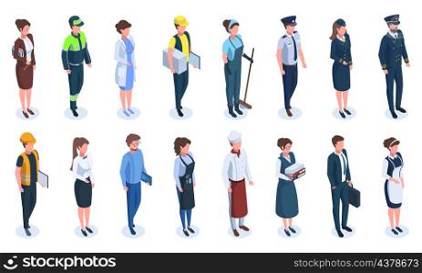Isometric professionals, businessman, doctor, cook, policeman, engineer. Different occupation, teacher, waitress, pilot vector illustration set. People professions diverse. Female and male characters. Isometric professionals, businessman, doctor, cook, policeman, engineer. Different occupation, teacher, waitress, pilot vector illustration set. People professions diverse