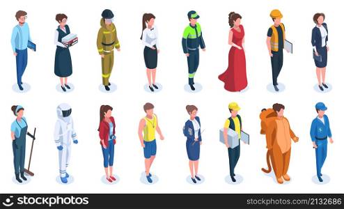 Isometric professions, professional electrician, teacher and courier. Male and female professionals vector illustration set. Business and service characters coach and cleaner, teacher and builder. Isometric professions, professional electrician, cleaner, teacher and courier. Male and female professionals vector illustration set. Business and service characters