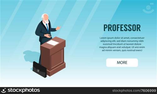 Isometric professor lecture class horizontal banner with character of senior teacher speaking at tribune with text vector illustration