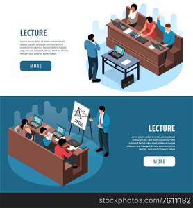 Isometric professor lecture class set of two horizontal banners with people editable text and more button vector illustration