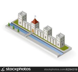 Isometric projection of the vector of a medieval castle with a moat and gate