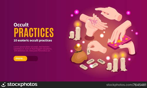 Isometric psychic fortune occult horizontal banner with editable text button and images of hands and candles vector illustration