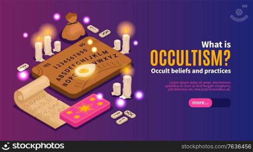Isometric psychic fortune occult horizontal banner with images of candles ancient script text and more button vector illustration