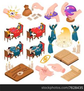 Isometric psychic fortune telling spiritualistic occult session set with isolated icons of magical items and people vector illustration