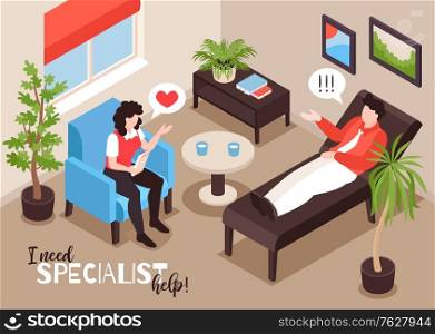 Isometric psychologist composition with therapist office interior scenery with talking people lounge furniture and thought bubbles vector illustration