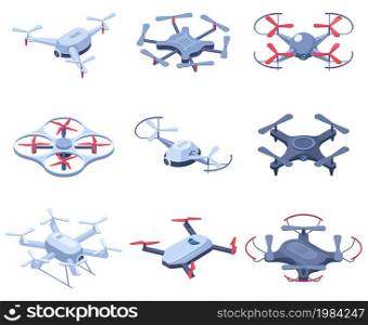 Isometric quadcopter, radio remote controlled flying drones. Unmanned aerial drone, electronic innovation flying helicopter vector illustration set. Drone remote control. Drone video or multicopter. Isometric quadcopter, radio remote controlled flying drones. Unmanned aerial drone, electronic innovation flying helicopter vector illustration set. Drone remote control