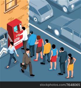 Isometric queue people standing in line near atm outdoors 3d vector illustration