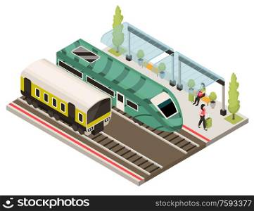 Isometric railway station composition with view of passengers on platform and image of high speed train vector illustration. Railway Station Isometric Flowchart