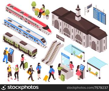 Isometric railway station train set of isolated images with human characters train cars and infrastructure elements vector illustration