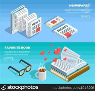 Isometric Reading Banner Set. Two horizontal isometric reading banner set with newspaper and favorite book description and button vector illustration