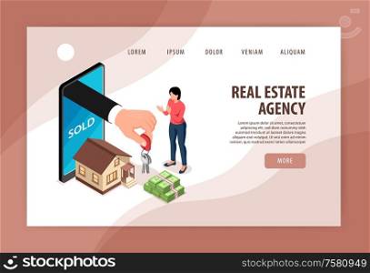 Isometric real estate concept banner for web site landing page with clickable links and editable text vector illustration