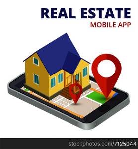 Isometric real estate mobile app with phone and 3d house vector. Illustration of real estate mobile app. Isometric real estate mobile app with phone and 3d house vector