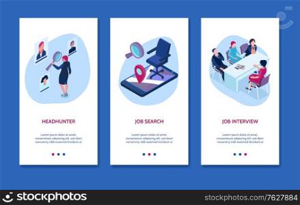 Isometric recruitment agency banner set with headhunter job search and job interview headlines vector illustration