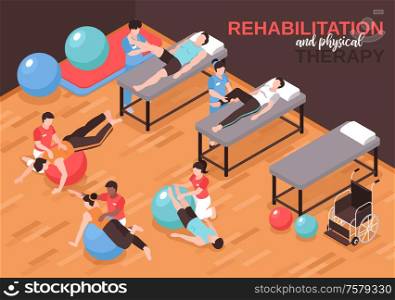 Isometric rehabilitation physiotherapy background composition with text and indoor view of physical exercise room with people vector illustration
