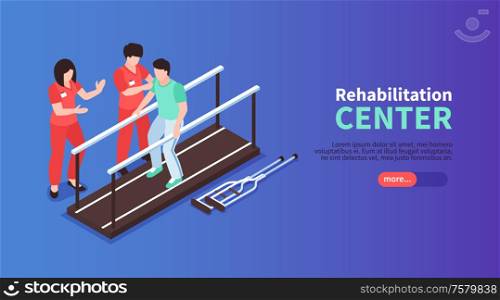 Isometric rehabilitation physiotherapy horizontal banner with editable text slider button and human characters of medical assistants vector illustration