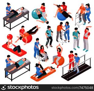 Isometric rehabilitation physiotherapy people set of isolated faceless characters of doctors and patients on blank background vector illustration
