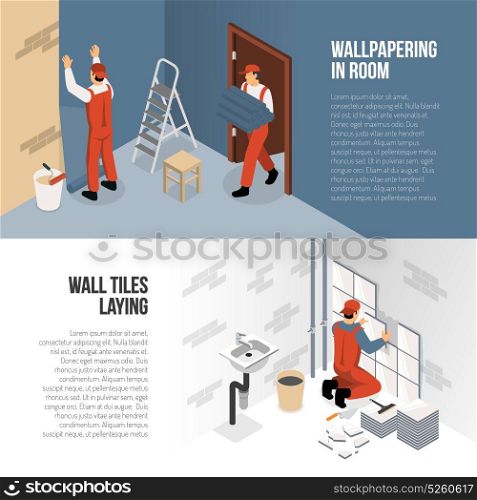 Isometric Renovation Banners. Isometric horizontal renovation banners presenting process of wallpapering and wall tiles laying 3d isolated vector illustration