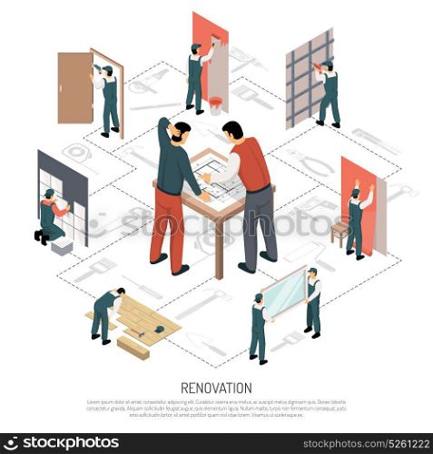 Isometric Renovation Infographics. Process of house renovation isometric 3d infographics on white background vector illustration