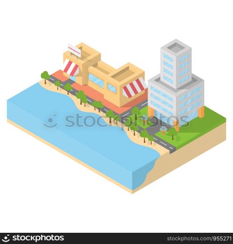 Isometric restaurant cafe and office on the beach, building block flat 3D design, vector illustration