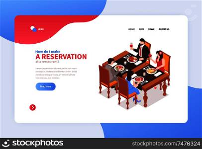 Isometric restaurant concept banner for web site landing page with clickable links buttons and editable text vector illustration