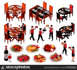 Isometric restaurant set with isolated tables with chairs dishes drinks and faceless human characters of waiters vector illustration