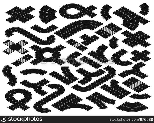 Isometric road or highway. Straight, curved and crossing city street roads elements for highways journey map, path asphalt lines traffic circle car direction vector illustration isolated icons set. Isometric road or highway. Straight, curved and crossing city street roads elements for journey map vector illustration set