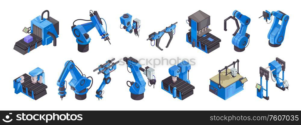 Isometric robot automation color icon set with blue robotics arms and tools vector illustration