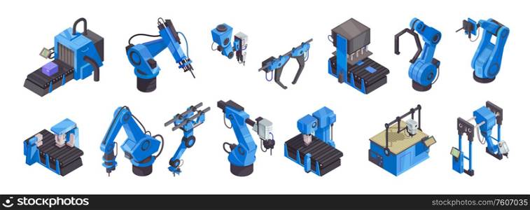 Isometric robot automation color icon set with blue robotics arms and tools vector illustration