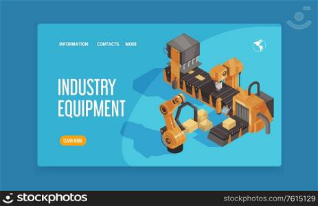 Isometric robot automation landing page with links industry equipment headline and learn more button vector illustration