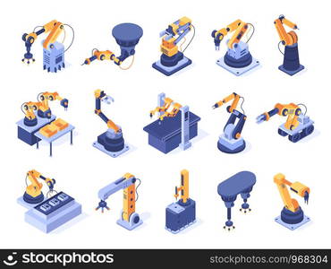 Isometric robotic arm. Industrial factory machines, manufacturing automatisation and production line robot arms. Engineer robotic mechanism arm futuristic tech 3d isolated vector icons set. Isometric robotic arm. Industrial factory machines, manufacturing automatisation and production line robot arms 3d vector set