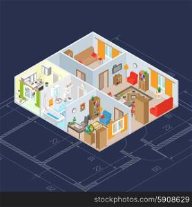 Isometric room interior concept with 3d kitchen and bathroom furniture icons vector illustration. Isometric Interior Concept