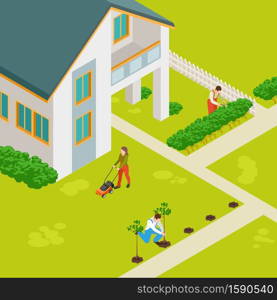 Isometric rural house and gardeners vector concept. Rural house building, countryside outdoor illustration. Isometric rural house and gardeners vector concept