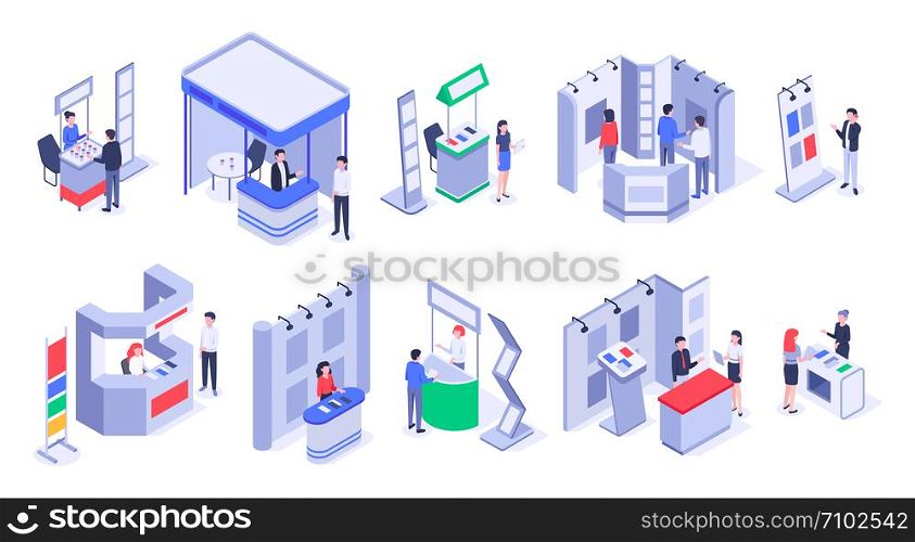 Isometric sale stands. Expo demonstration stand, product exhibition trade stalls and events people. Business trade show, mall marketing event demonstrations stands. Isolated 3d icons vector set. Isometric sale stands. Expo demonstration stand, product exhibition trade stalls and events people 3d vector set