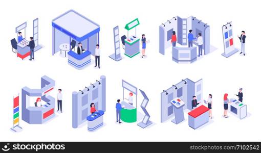 Isometric sale stands. Expo demonstration stand, product exhibition trade stalls and events people. Business trade show, mall marketing event demonstrations stands. Isolated 3d icons vector set. Isometric sale stands. Expo demonstration stand, product exhibition trade stalls and events people 3d vector set