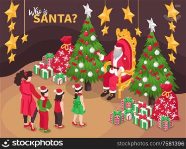 Isometric santa claus christmas composition with text and group of children with santa sitting on throne vector illustration