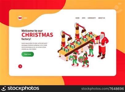 Isometric santa claus concept banner with clickable links images of gift box packing line text and buttons vector illustration