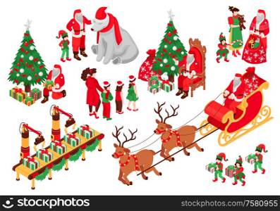 Isometric santa claus elf merry christmas set of isolated human characters reindeers children and new year trees vector illustration