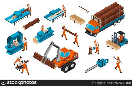 Isometric sawmill woodworking carpentry factory set of isolated icons with vehicles tools and people in uniform vector illustration