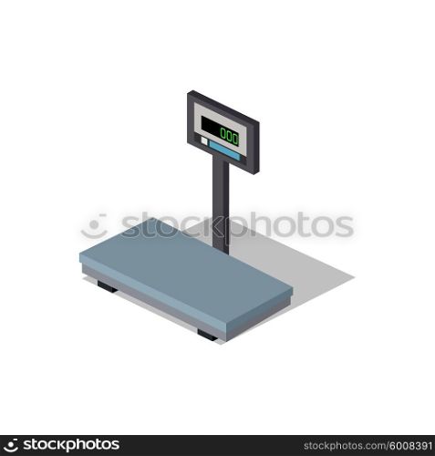 Isometric scales flat design. Weight of goods. Box and cargo, package and freight, parcel and product, load packaging, order and import, logistic and distribution. Isolated scales icon. 3D scales