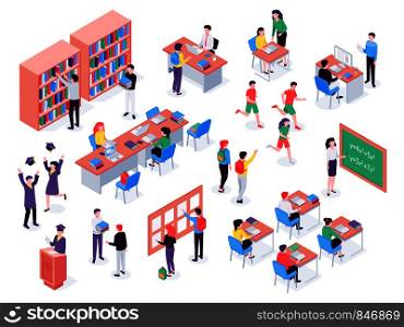Isometric school. Childrens and teacher in classroom, students in schools library and education classroom. Pupils social communication on math lesson. Isolated vector 3d illustration icons set. Isometric school. Childrens and teacher in classroom, students in schools library and education classroom vector 3d illustration set