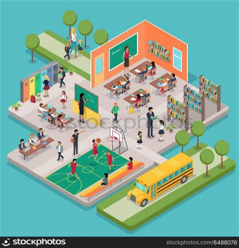 Isometric School Interior. Isometric school interior with 3d indoors objects and people figures. Teacher near blackboard in classroom. Learning process in classroom, gym class, pupils in the library, school bus.
